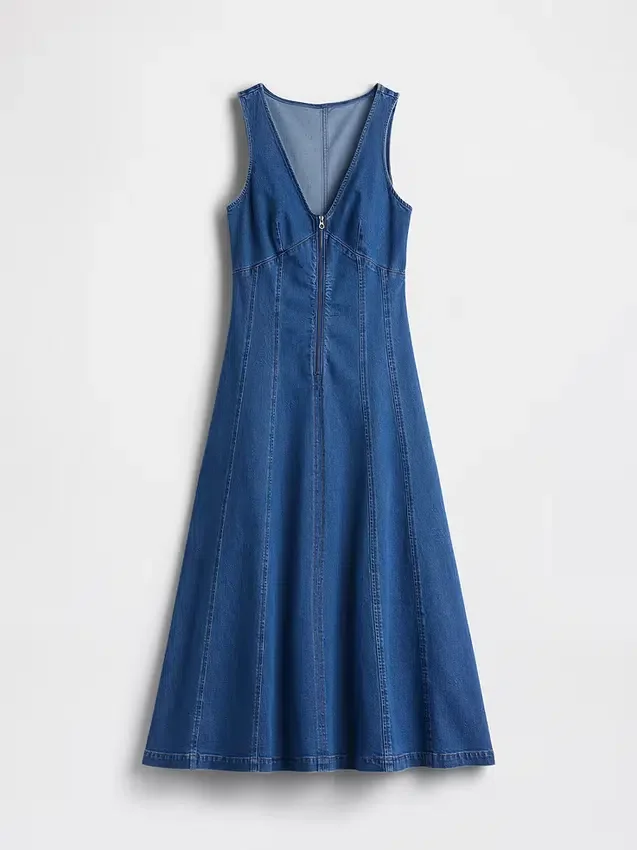 Midi-jurk van denim met naad en ritssluiting aan de voorkant