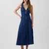Midi-jurk van denim met naden en ritssluiting aan de voorkant