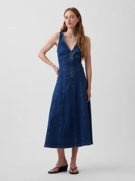 Midi-jurk van denim met naden en ritssluiting aan de voorkant