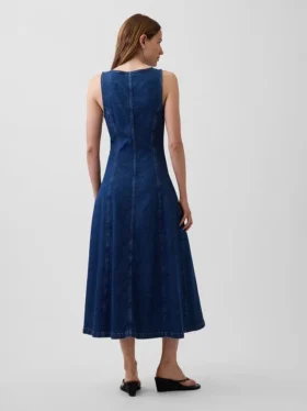 Midi-jurk van denim met naden en ritssluiting aan de voorkant