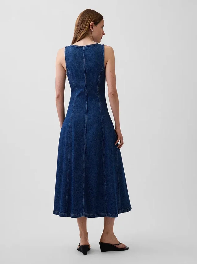 Midi-jurk van denim met naden en ritssluiting aan de voorkant