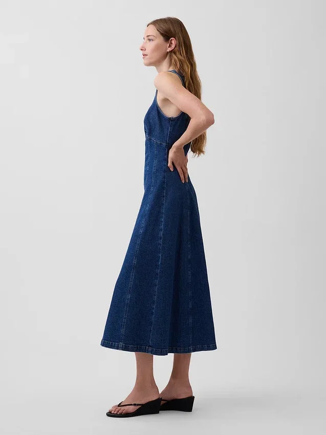 Midi-jurk van denim met naden en ritssluiting aan de voorkant