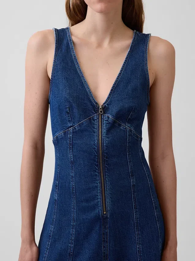 Midi-jurk van denim met naden en ritssluiting aan de voorkant
