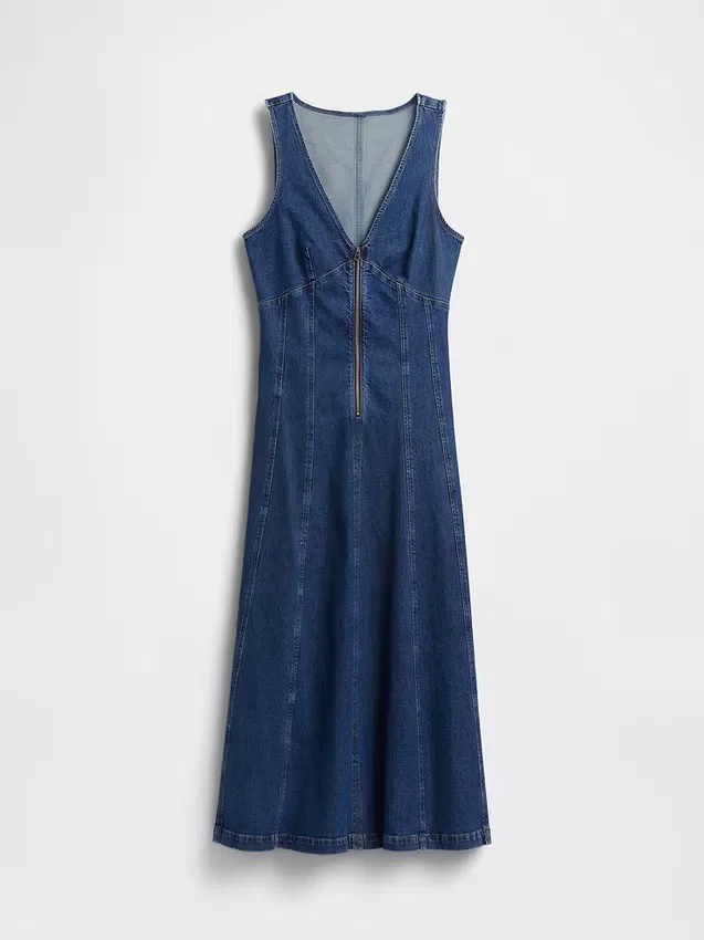 Midi-jurk van denim met naden en ritssluiting aan de voorkant