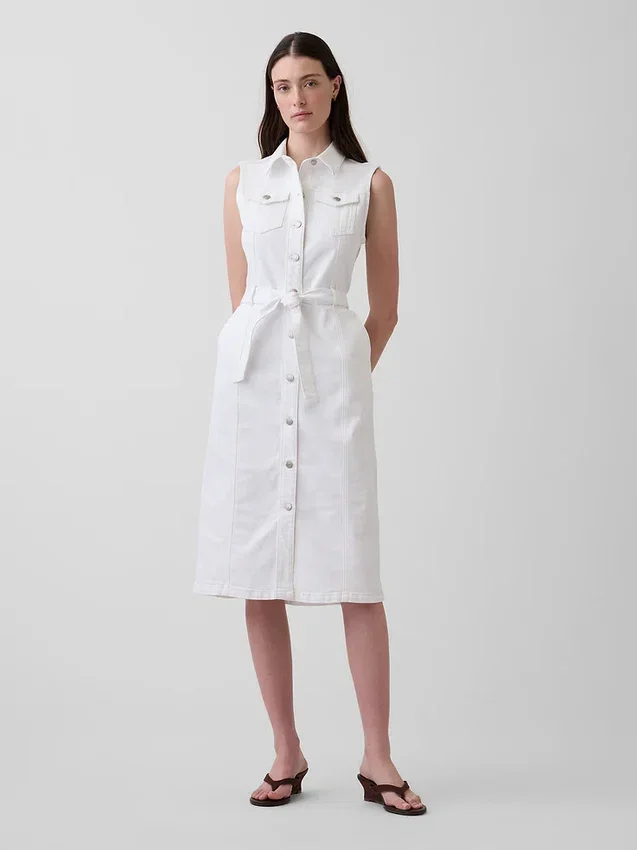 Midi-jurk van denim met strikriem