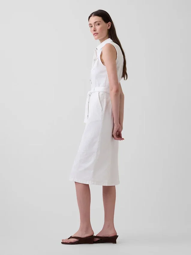 Midi-jurk van denim met strikriem