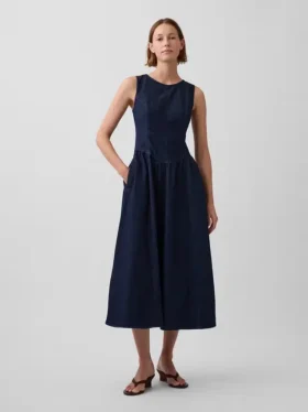Midi-jurk van denim met verlaagde taille
