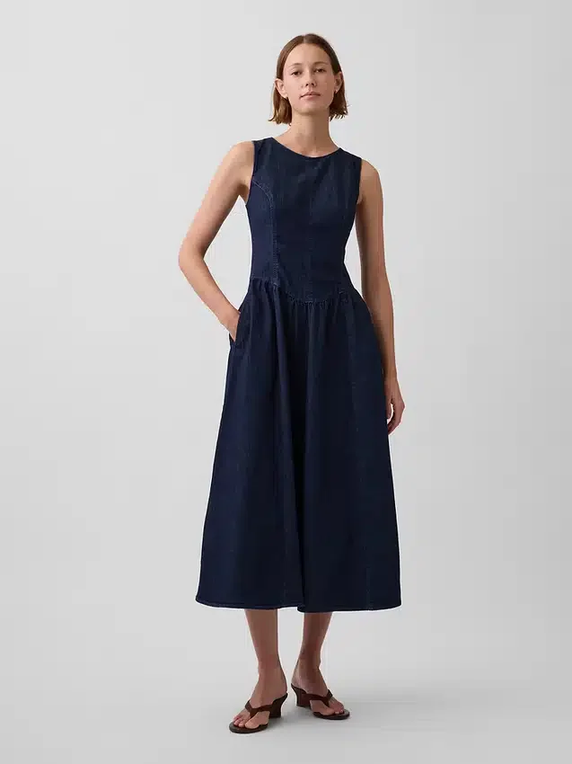 Midi-jurk van denim met verlaagde taille