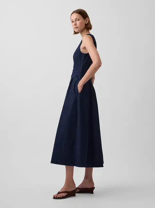 Midi-jurk van denim met verlaagde taille