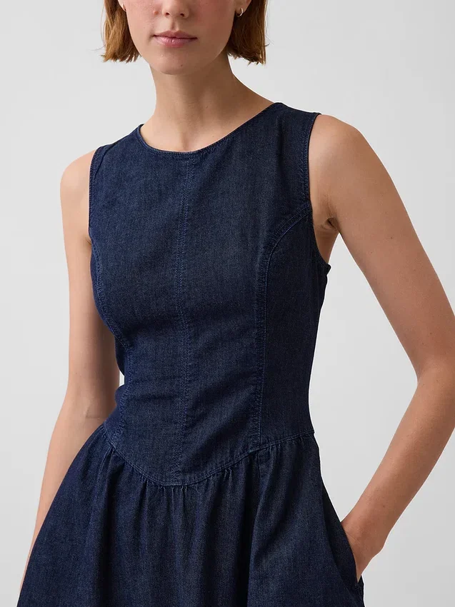 Midi-jurk van denim met verlaagde taille