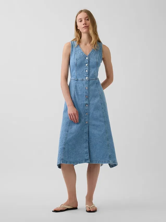 Midi-jurk van denim met zakdoekzoom