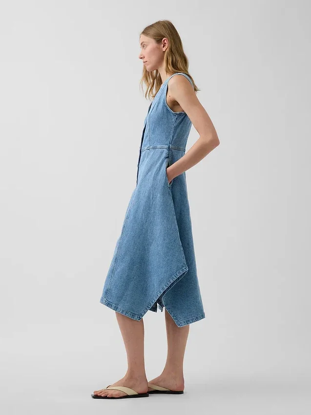 Midi-jurk van denim met zakdoekzoom