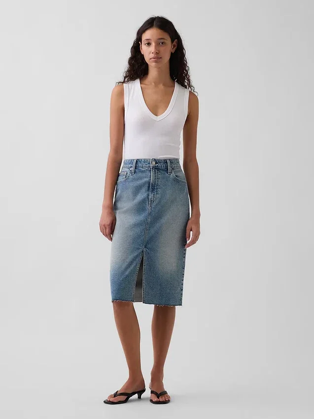 Midi-kokerrok van denim met hoge taille