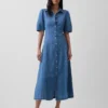 Midi-shirtjurk van denim met bolle mouwen