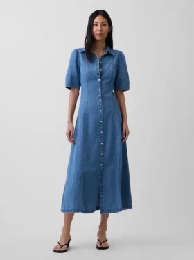 Midi-shirtjurk van denim met bolle mouwen