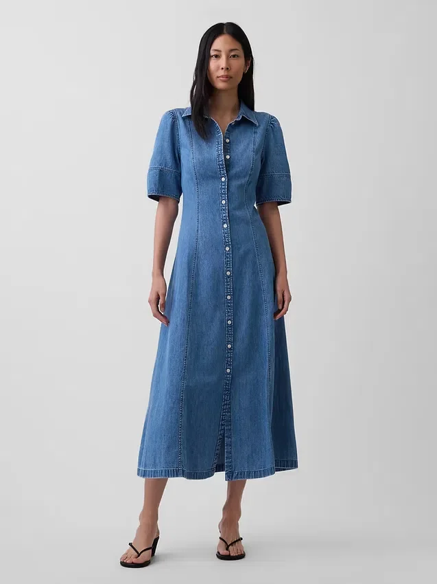 Midi-shirtjurk van denim met bolle mouwen