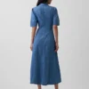 Midi-shirtjurk van denim met bolle mouwen
