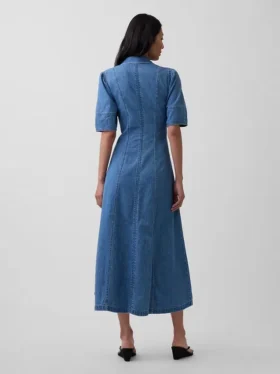 Midi-shirtjurk van denim met bolle mouwen