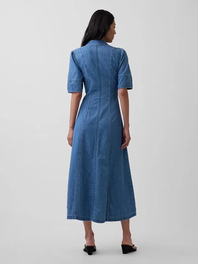 Midi-shirtjurk van denim met bolle mouwen
