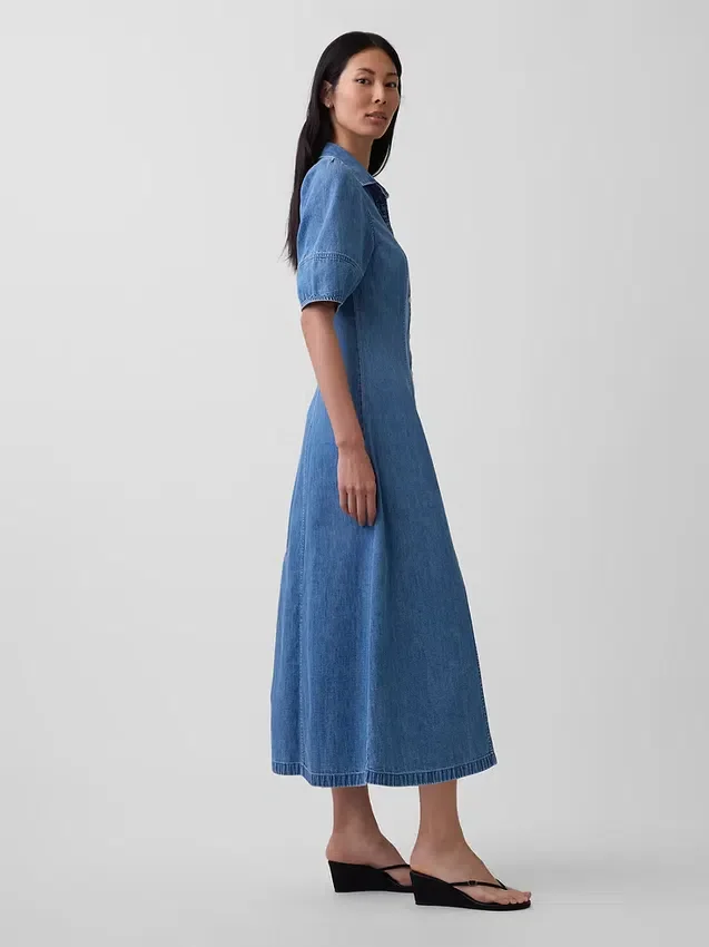 Midi-shirtjurk van denim met bolle mouwen