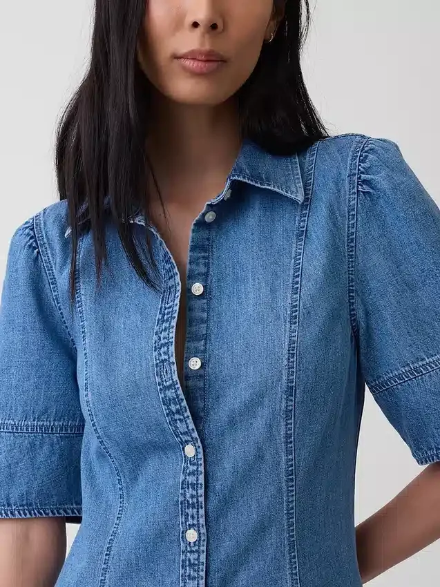 Midi-shirtjurk van denim met bolle mouwen