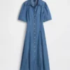 Midi-shirtjurk van denim met bolle mouwen
