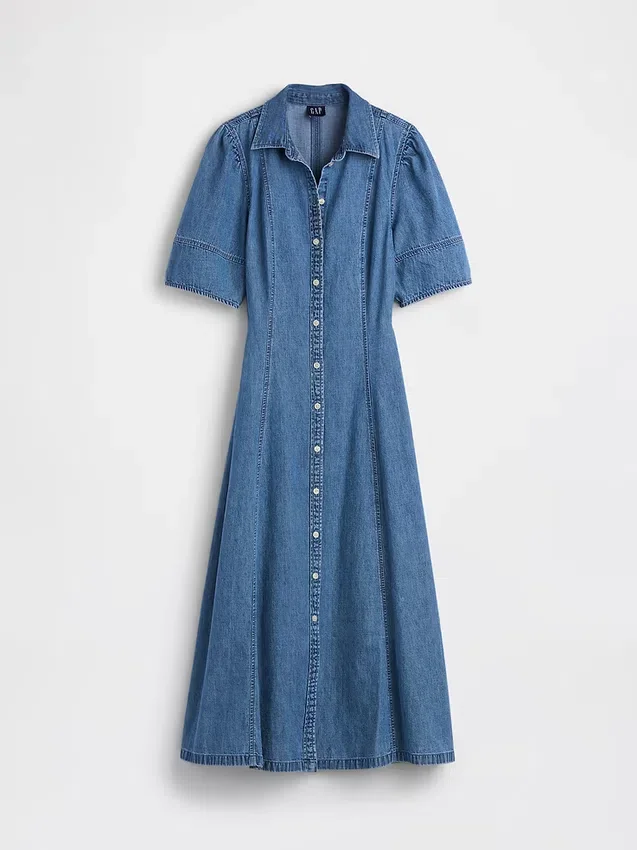 Midi-shirtjurk van denim met bolle mouwen