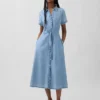 Midi-shirtjurk van denim met strikceintuur
