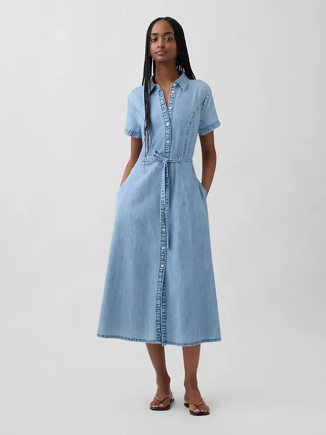 Midi-shirtjurk van denim met strikceintuur