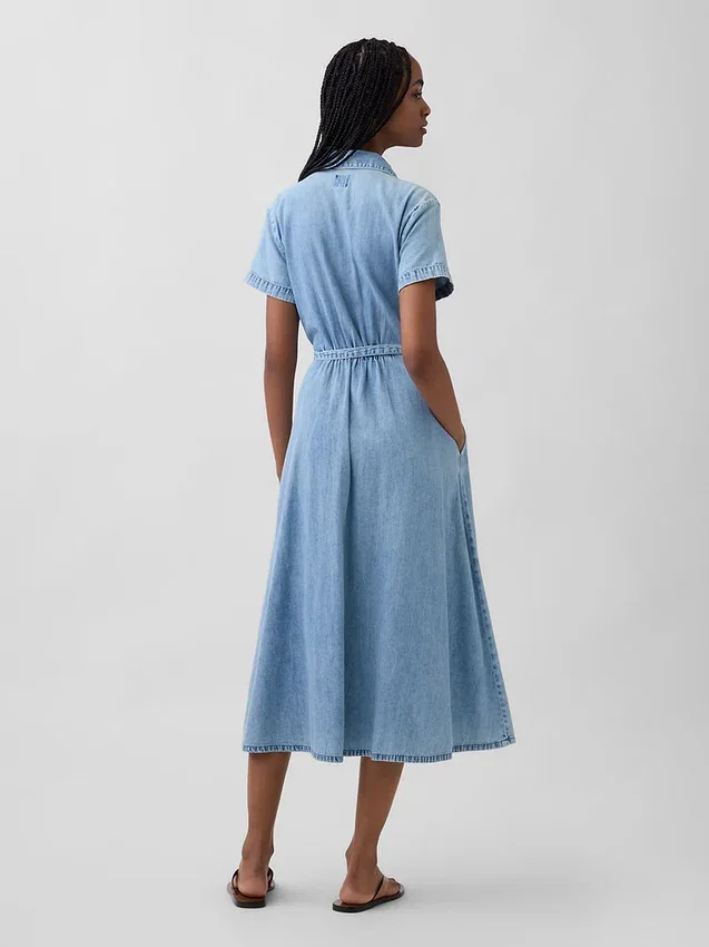 Midi-shirtjurk van denim met strikceintuur