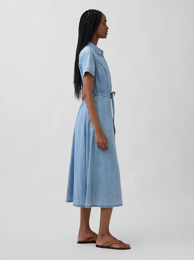 Midi-shirtjurk van denim met strikceintuur