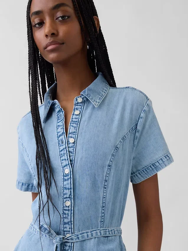 Midi-shirtjurk van denim met strikceintuur