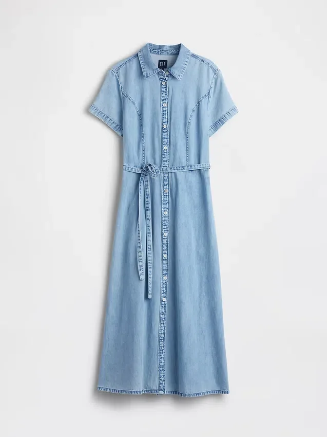 Midi-shirtjurk van denim met strikceintuur
