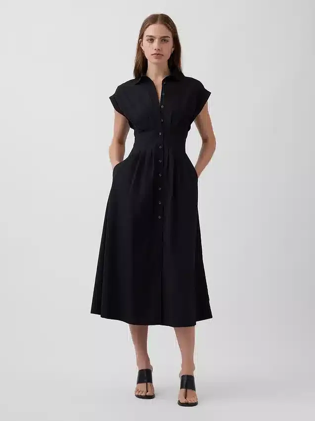 Midi-shirtjurk van popeline met getailleerde taille