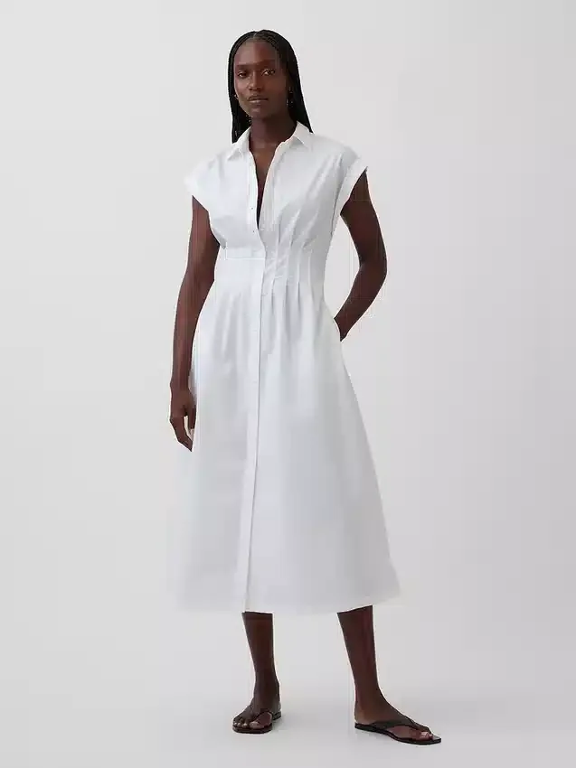Midi-shirtjurk van popeline met getailleerde taille
