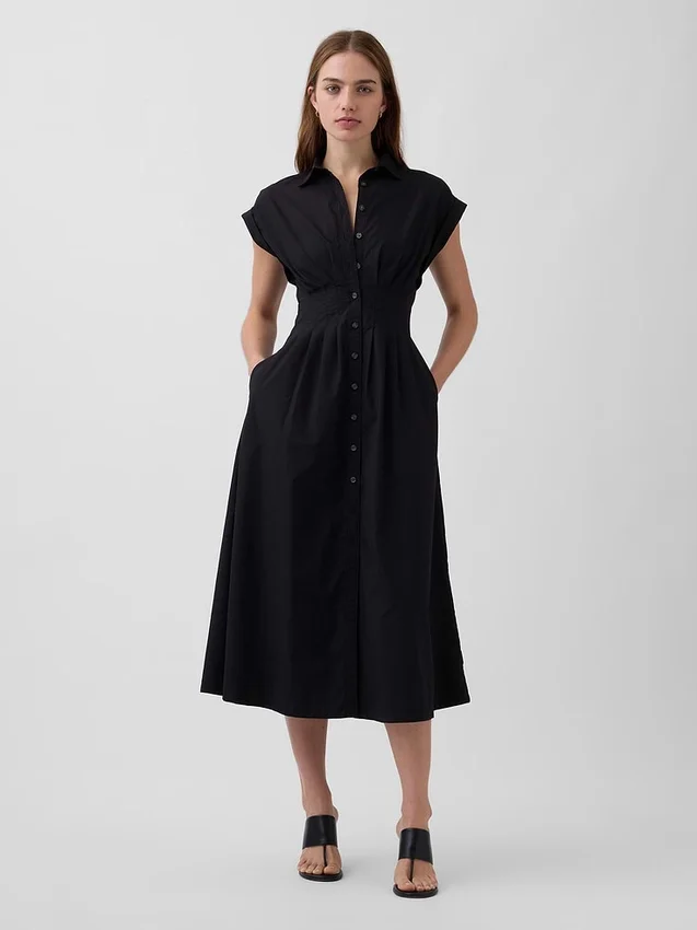 Midi-shirtjurk van popeline met getailleerde taille