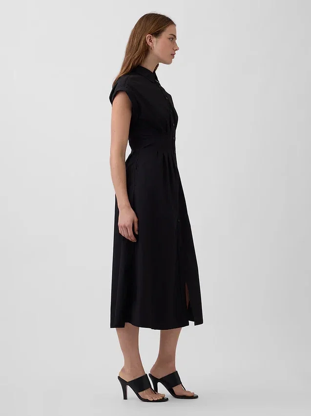 Midi-shirtjurk van popeline met getailleerde taille