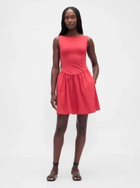 Mini-jurk met gemengde materialen en verlaagde taille