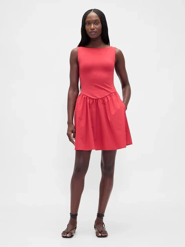 Mini-jurk met gemengde materialen en verlaagde taille