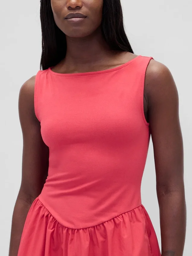 Mini-jurk met gemengde materialen en verlaagde taille