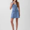 Mini-jurk van denim met naden en ritssluiting aan de voorkant