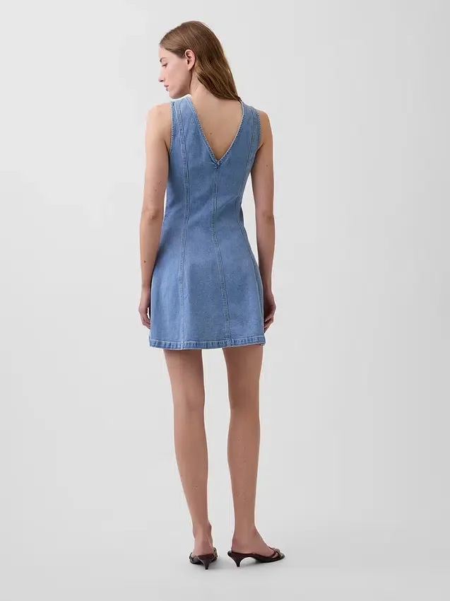 Mini-jurk van denim met naden en ritssluiting aan de voorkant