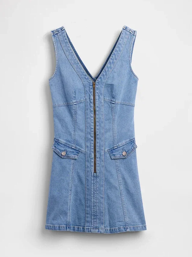 Mini-jurk van denim met naden en ritssluiting aan de voorkant