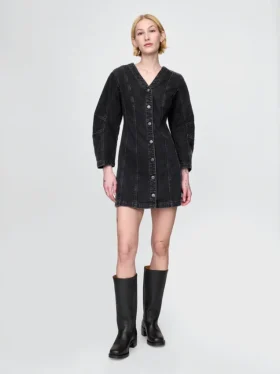 Mini-jurk van denim met tonvormige mouwen