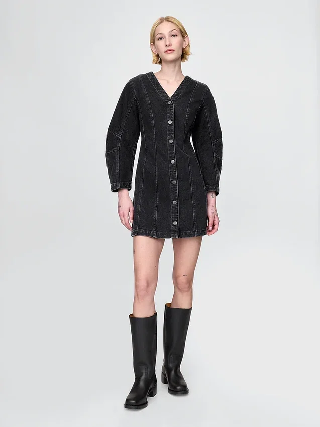 Mini-jurk van denim met tonvormige mouwen