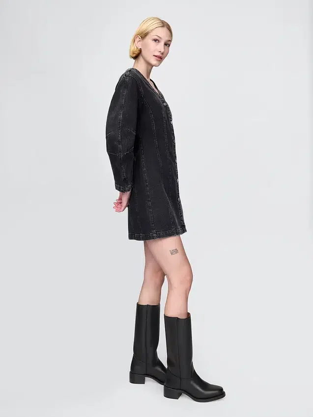 Mini-jurk van denim met tonvormige mouwen