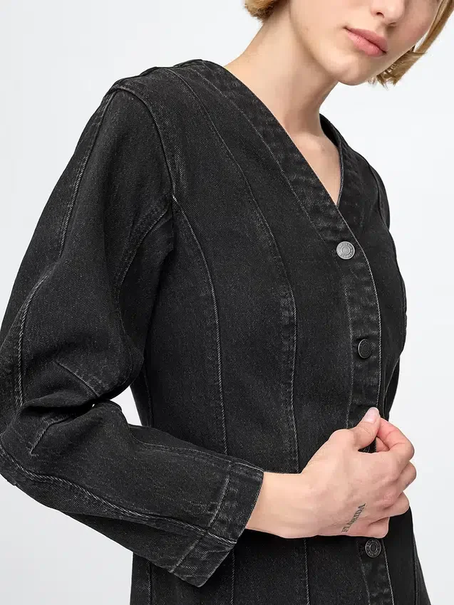 Mini-jurk van denim met tonvormige mouwen
