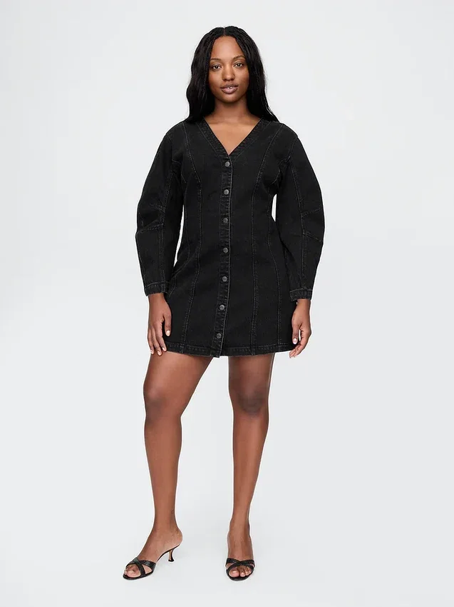 Mini-jurk van denim met tonvormige mouwen