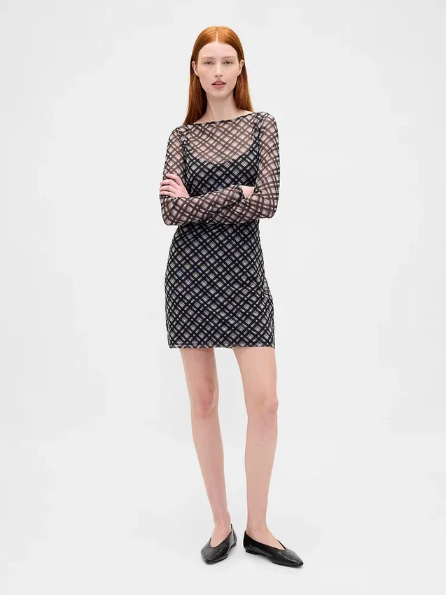 Mini-jurk van mesh met boothals