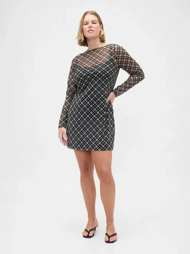Mini-jurk van mesh met boothals